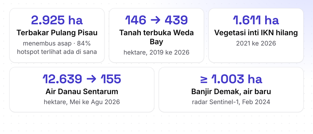 Lima kartu hasil: terbakar Pulang Pisau 2.925 ha, tanah terbuka Weda Bay 146 ke 439 ha, vegetasi inti IKN hilang 1.611 ha, air Danau Sentarum 12.639 ke 155 ha, banjir Demak sedikitnya 1.003 ha air baru.