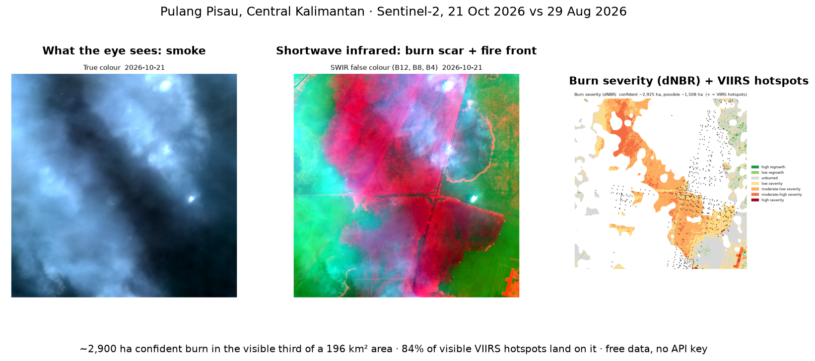 Pulang Pisau, 21 Oct 2026: smoke in true colour, the burn scar and fire front in shortwave infrared, and the burn-severity map with NASA VIIRS hotspots on top.