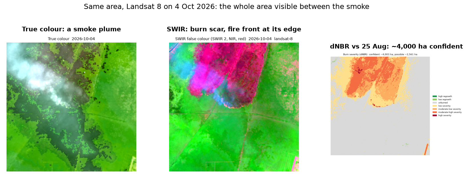 Landsat 8 on 4 October 2026 over the same area: a smoke plume in true colour, the burn scar and a glowing fire front in shortwave infrared, and the dNBR map against 25 August.