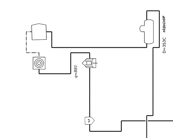 A part of a synthetic P&ID sheet: equipment, a valve and pipes drawn as lines, with dash-dot instrument lines.