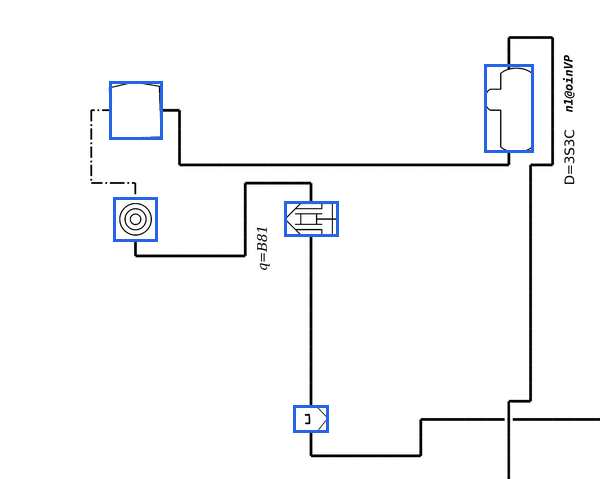 The same part of the sheet with a blue box around each detected symbol.