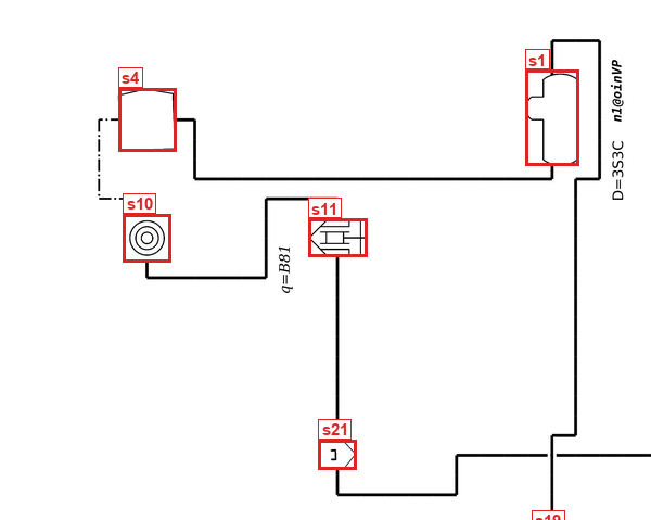 The same part with a red box and an id label such as s4, s10 and s11 on each symbol.