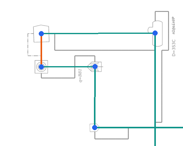 The same part with the traced connections drawn as lines between symbol centres: green for process pipes, orange for a signal line.