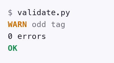 Validator output: one warning about an odd tag, 0 errors, OK.